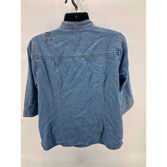CJ Banks Women's Blue Denim Embroidered Collarless 3/4 Sleeve‎ Shirt 1X - Picture 3 of 8